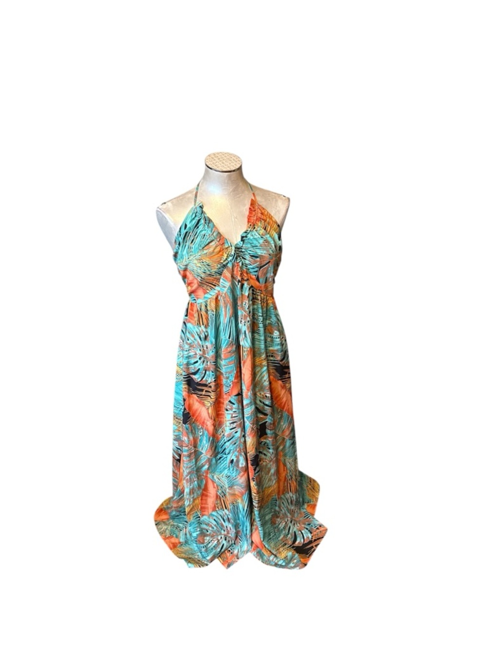 Cupshe Tropical Palm Leaf Halter Maxi Dress Green White Boho Resort Wear Size L - Picture 11 of 13